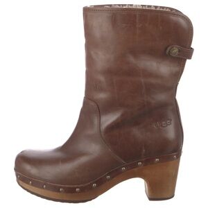 UGG Brown Vintage Lynne Genuine Leather Mules Wooden Heel Size 7